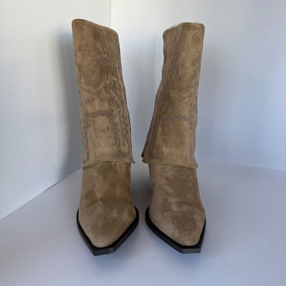 NIB AZALEA WANG Portabella Faux Suede Fold Over Western Booties in Tan Rose Gold - Picture 6 of 16